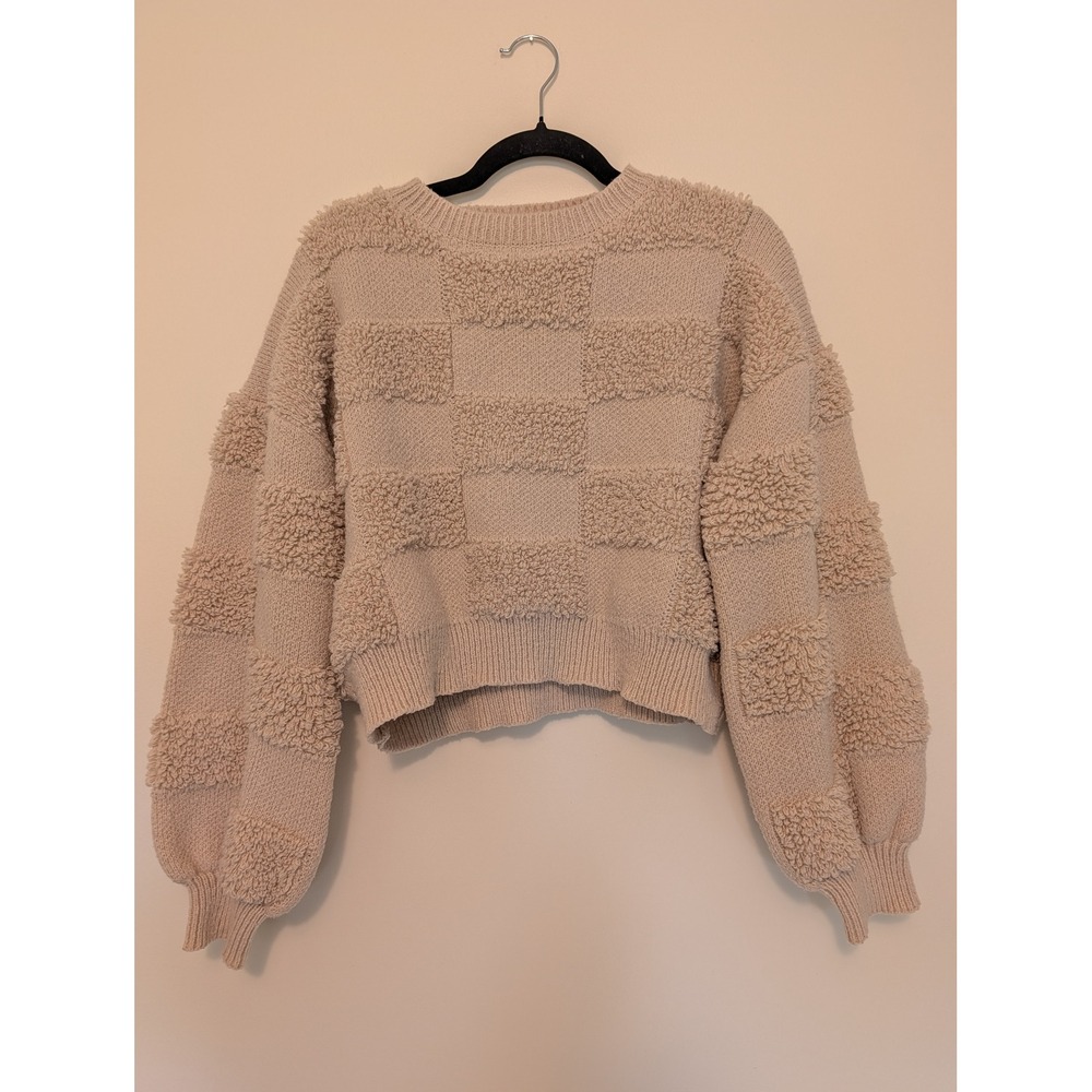 SHEIN Women Cream Textured Checkerboard Knit Cropped Boxy Pullover Sweater S 4
